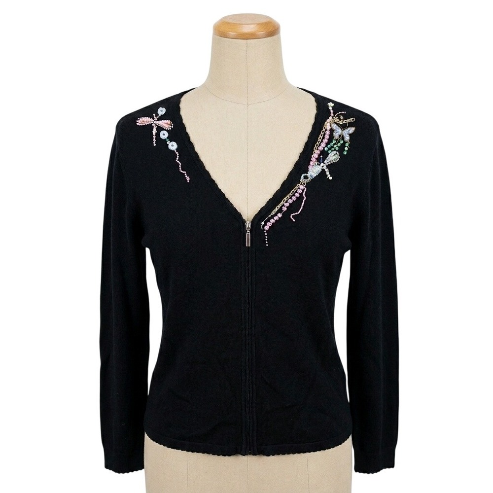 Mirasol Black Beaded Butterfly Zip Up Cardigan Sweater Y2K‎ Whimsigoth Large